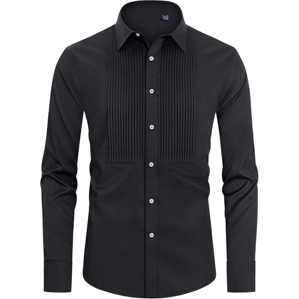 imageJVER Mens Tuxedo Shirt Formal Dress Shirt Pleated Long Sleeve Button Down Shirts for Prom Party WeddingBlack