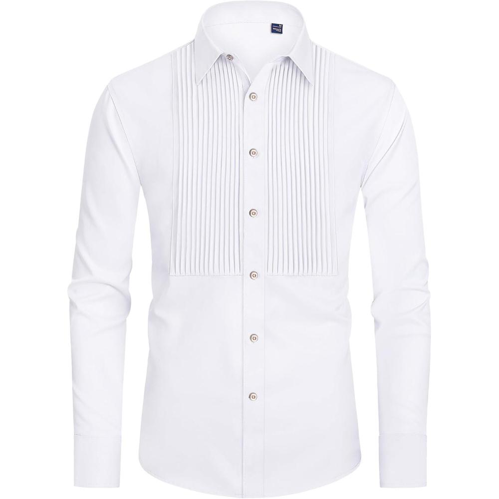 imageJVER Mens Tuxedo Shirt Formal Dress Shirt Pleated Long Sleeve Button Down Shirts for Prom Party WeddingSolid White