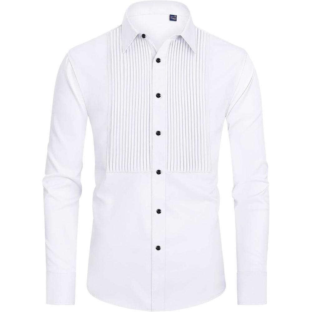 imageJVER Mens Tuxedo Shirt Formal Dress Shirt Pleated Long Sleeve Button Down Shirts for Prom Party WeddingWhite