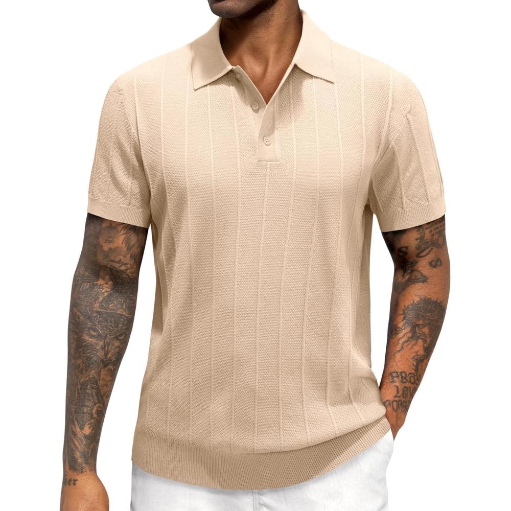 imageJVER Polo Shirts for Men Short Sleeve Ribbed Textured Knit Shirt Stretch Casual Golf TopsBeige