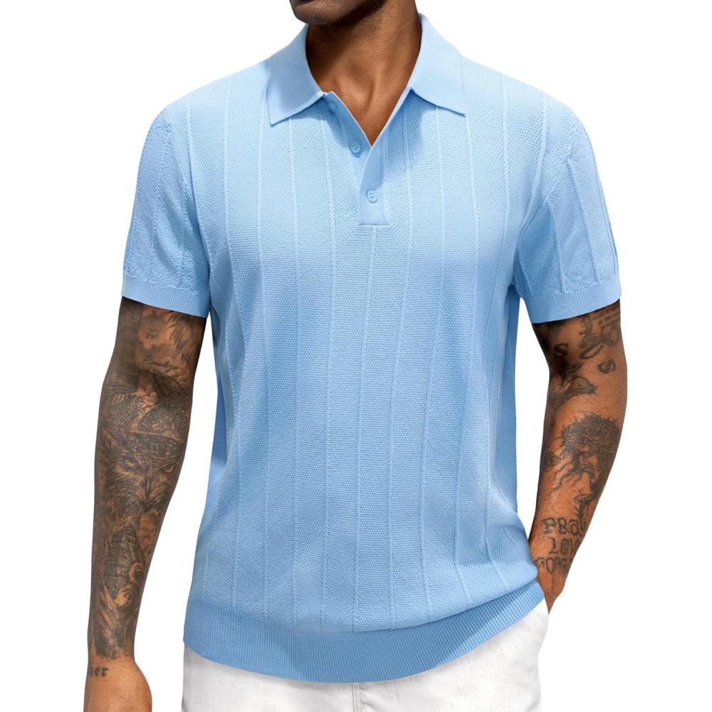 imageJVER Polo Shirts for Men Short Sleeve Ribbed Textured Knit Shirt Stretch Casual Golf TopsBlue