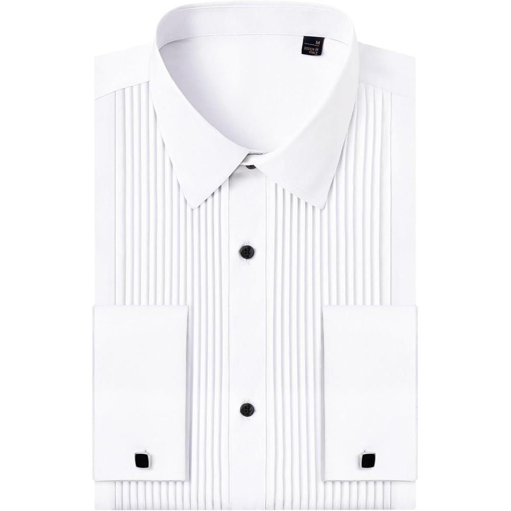 imageJVER Tuxedo Shirts for Men French Cuff Dress Shirt with Metal Cufflinks Formal Business Pleated Shirt for Prom Wedding PartyWhite