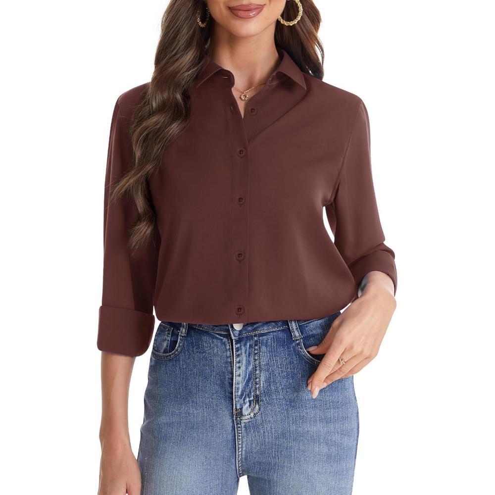 imageJVER Womens Button Down Shirt Long Sleeve Solid Dress Shirts Chiffon Work Office Blouse Fashion Formal Business Casual TopsCoffee