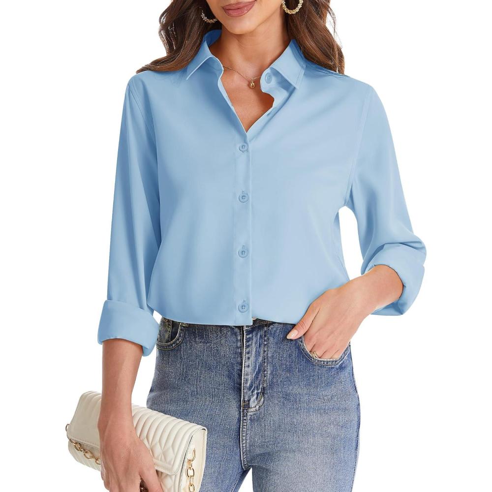 imageJVER Womens Button Down Shirt Long Sleeve Solid Dress Shirts Chiffon Work Office Blouse Fashion Formal Business Casual TopsLight Blue