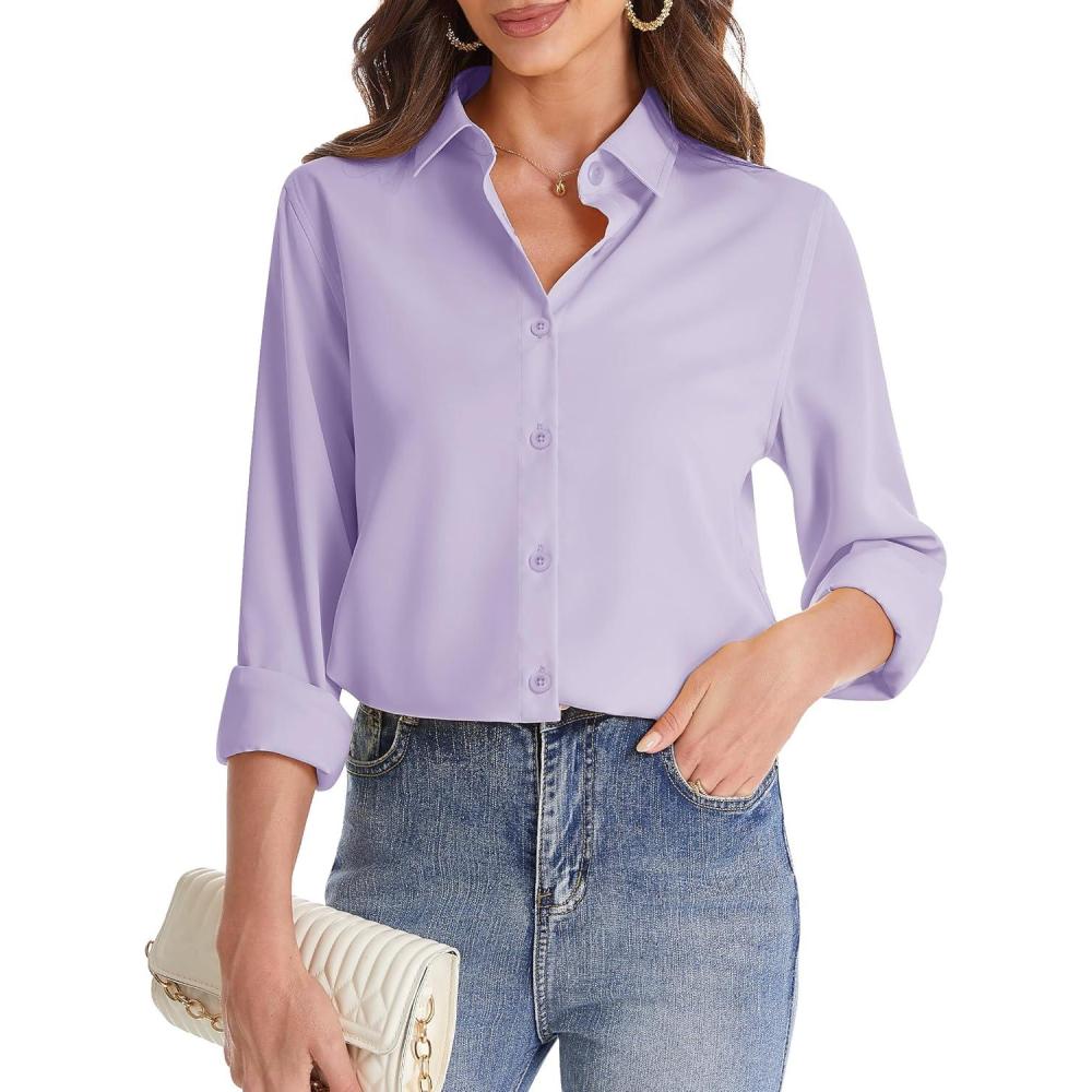 imageJVER Womens Button Down Shirt Long Sleeve Solid Dress Shirts Chiffon Work Office Blouse Fashion Formal Business Casual TopsLight Purple