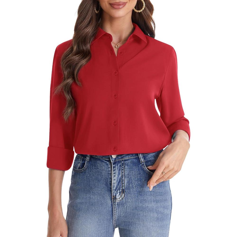imageJVER Womens Button Down Shirt Long Sleeve Solid Dress Shirts Chiffon Work Office Blouse Fashion Formal Business Casual TopsRed