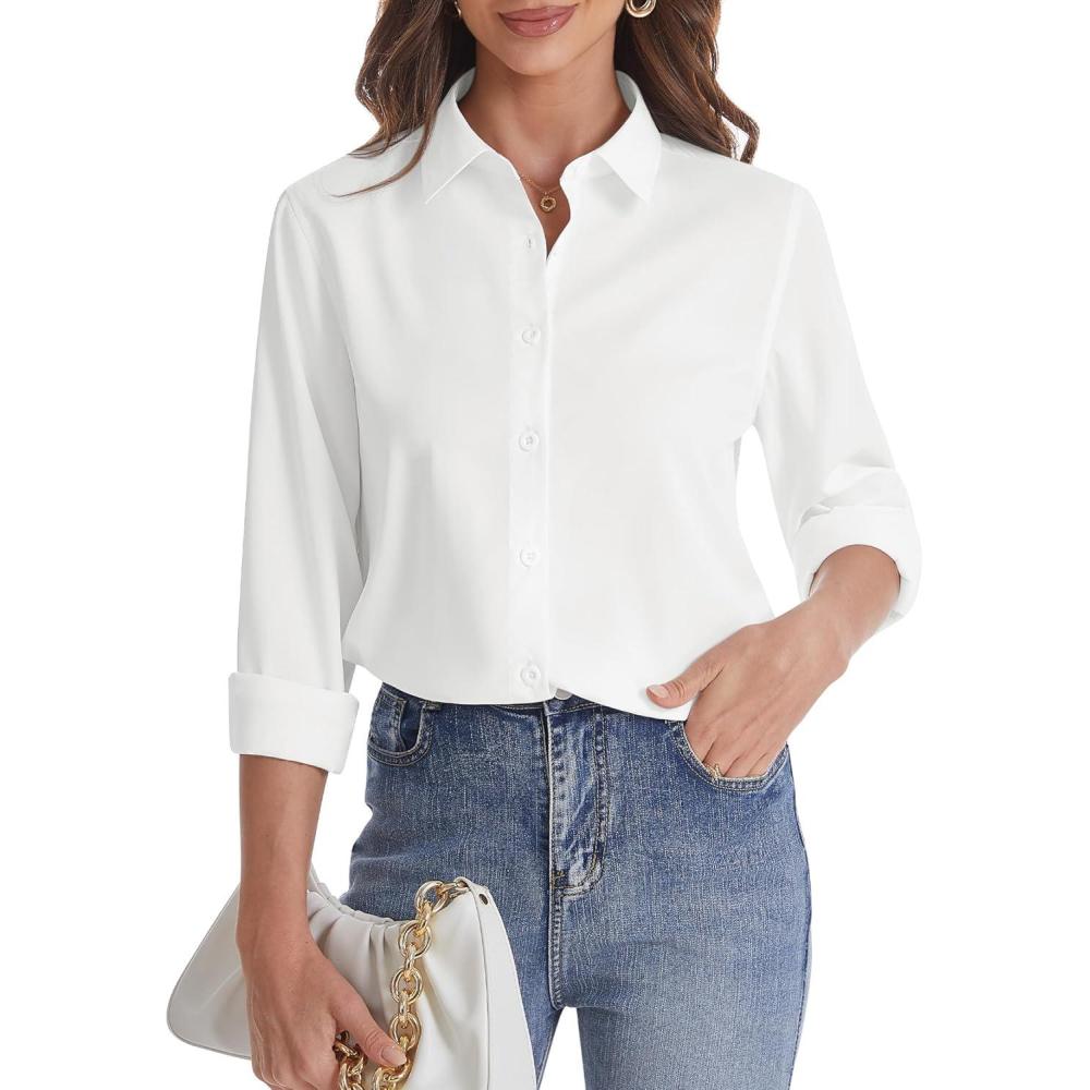 imageJVER Womens Button Down Shirt Long Sleeve Solid Dress Shirts Chiffon Work Office Blouse Fashion Formal Business Casual TopsWhite