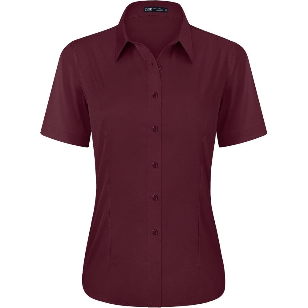 imageJVER Womens Button Down Shirts Stretch Wrinkle Free Formal Short Sleeve Dress Shirt Summer Work Blouses Business Casual TopsBurgundy