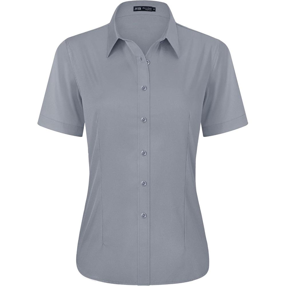 imageJVER Womens Button Down Shirts Stretch Wrinkle Free Formal Short Sleeve Dress Shirt Summer Work Blouses Business Casual TopsLight Grey