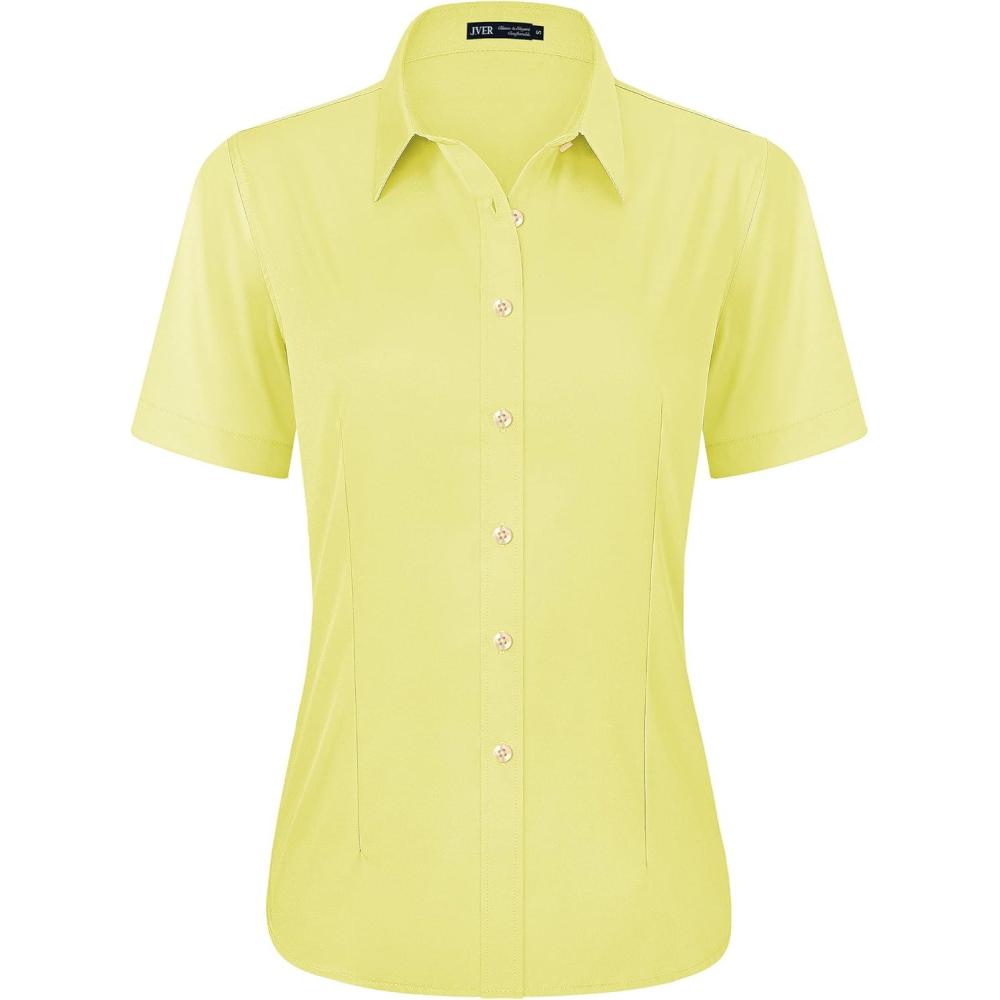 imageJVER Womens Button Down Shirts Stretch Wrinkle Free Formal Short Sleeve Dress Shirt Summer Work Blouses Business Casual TopsLight Yellow