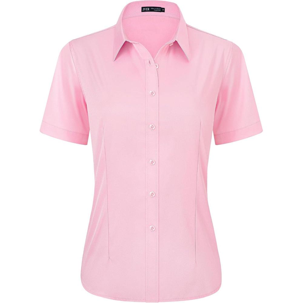 imageJVER Womens Button Down Shirts Stretch Wrinkle Free Formal Short Sleeve Dress Shirt Summer Work Blouses Business Casual TopsPink