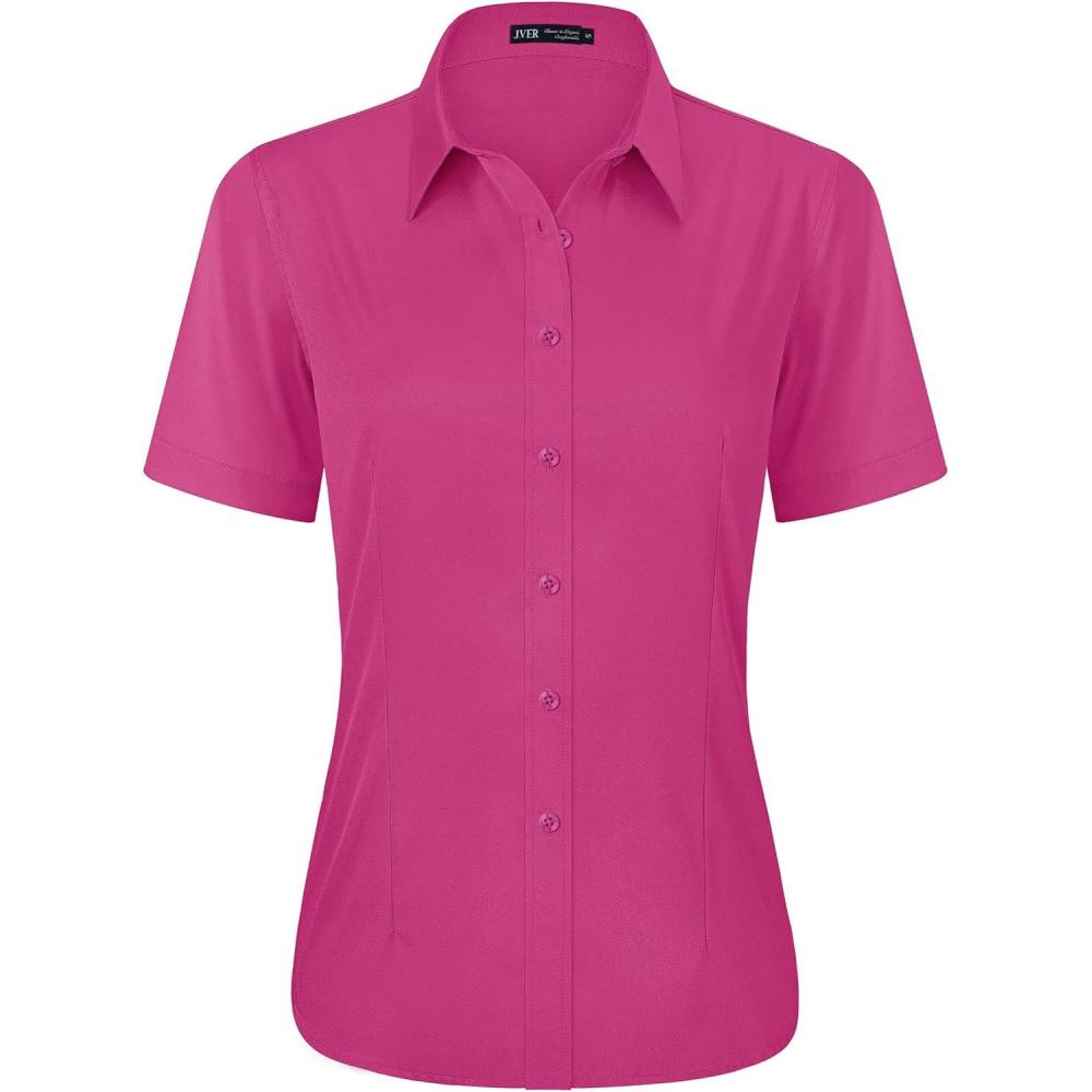 imageJVER Womens Button Down Shirts Stretch Wrinkle Free Formal Short Sleeve Dress Shirt Summer Work Blouses Business Casual TopsRose Red