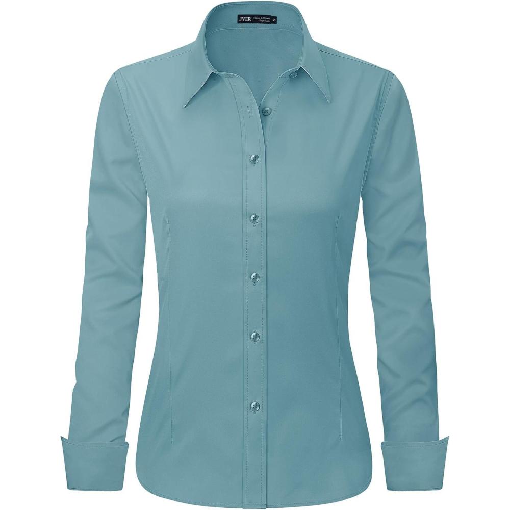 imageJVER Womens Dress Shirts Long Sleeve Button Down Shirt WrinkleFree Business Casual Blouse Office Work TopsAqua Lake Blue