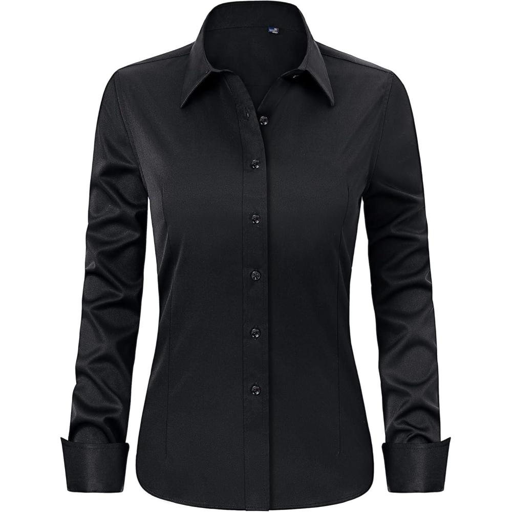 imageJVER Womens Dress Shirts Long Sleeve Button Down Shirt WrinkleFree Business Casual Blouse Office Work TopsBlack