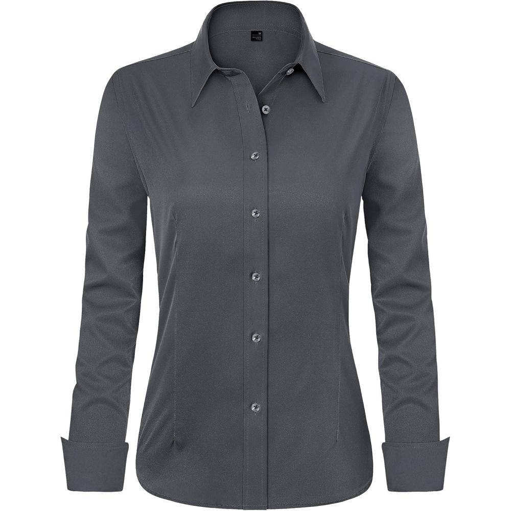 imageJVER Womens Dress Shirts Long Sleeve Button Down Shirt WrinkleFree Business Casual Blouse Office Work TopsDark Grey