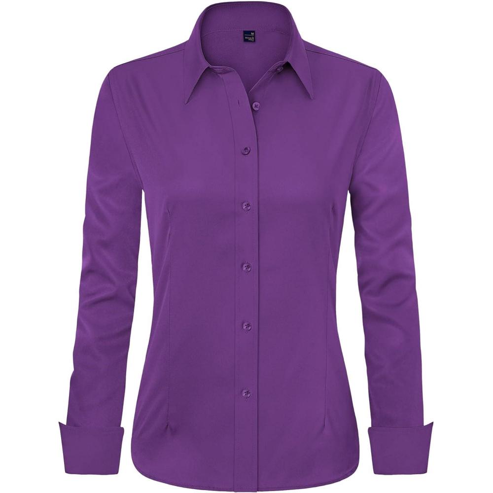 imageJVER Womens Dress Shirts Long Sleeve Button Down Shirt WrinkleFree Business Casual Blouse Office Work TopsDark Purple