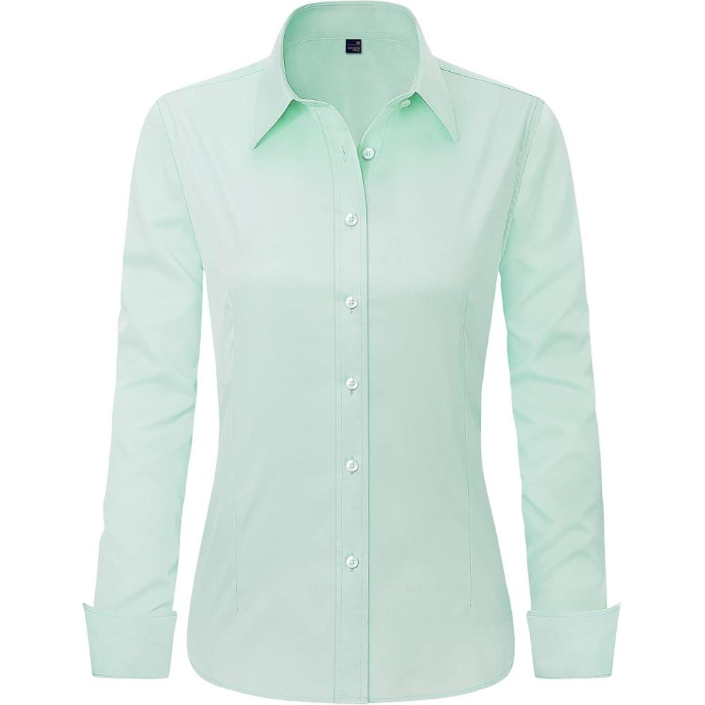 imageJVER Womens Dress Shirts Long Sleeve Button Down Shirt WrinkleFree Business Casual Blouse Office Work TopsGreen