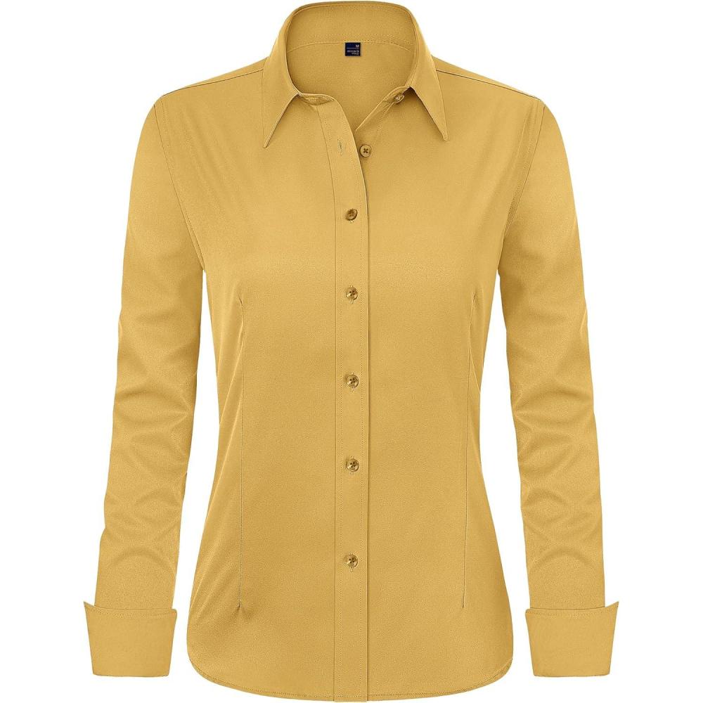 imageJVER Womens Dress Shirts Long Sleeve Button Down Shirt WrinkleFree Business Casual Blouse Office Work TopsLemon Yellow