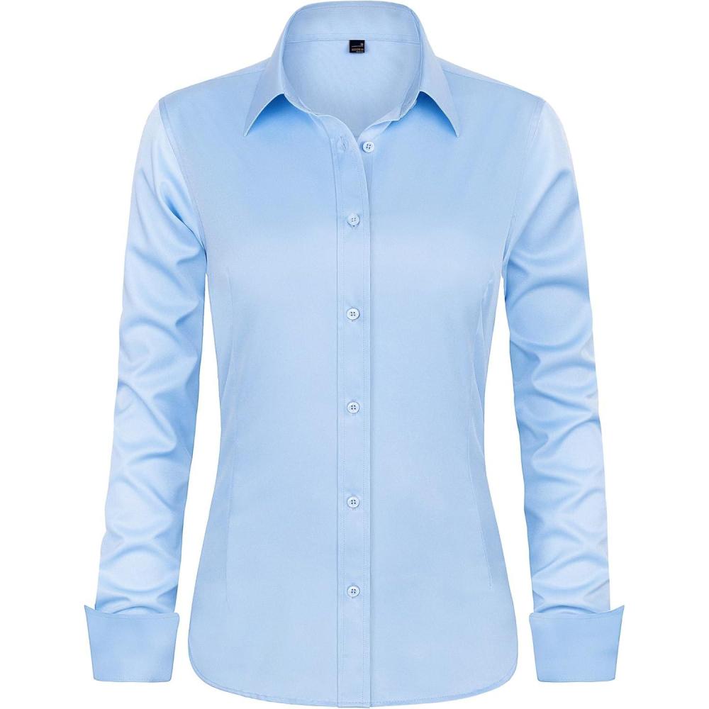 imageJVER Womens Dress Shirts Long Sleeve Button Down Shirt WrinkleFree Business Casual Blouse Office Work TopsLight Blue
