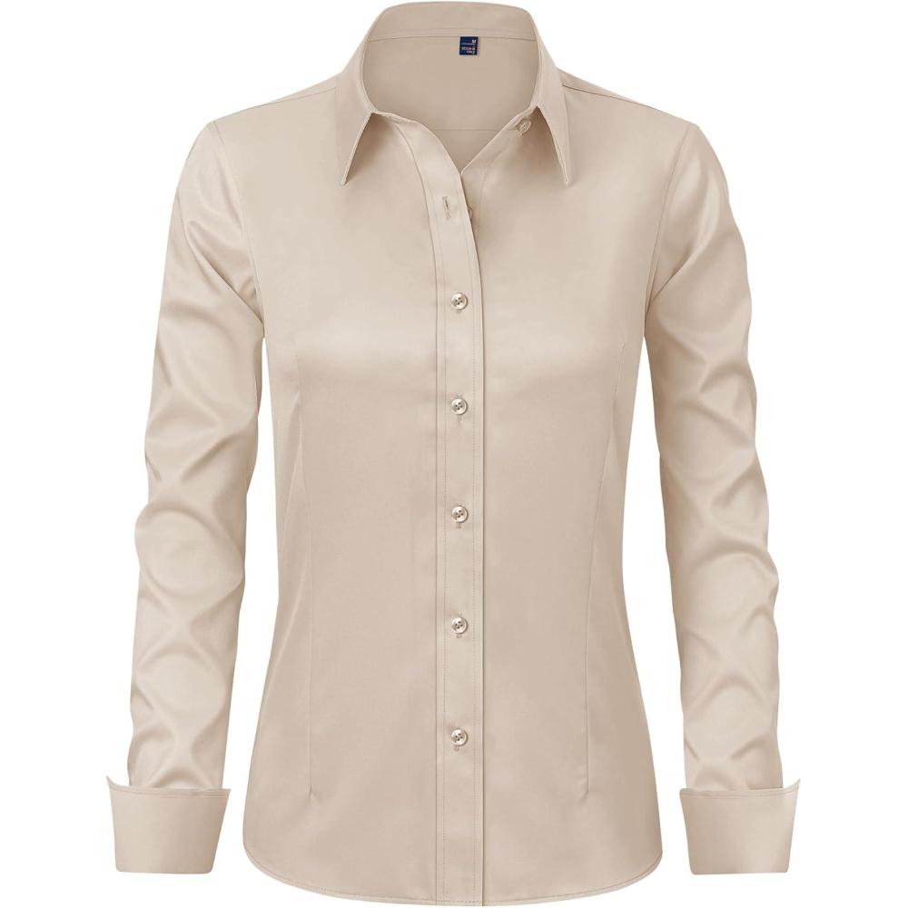 imageJVER Womens Dress Shirts Long Sleeve Button Down Shirt WrinkleFree Business Casual Blouse Office Work TopsLight Khaki