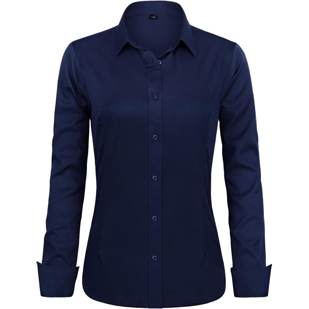 imageJVER Womens Dress Shirts Long Sleeve Button Down Shirt WrinkleFree Business Casual Blouse Office Work TopsNavy Blue
