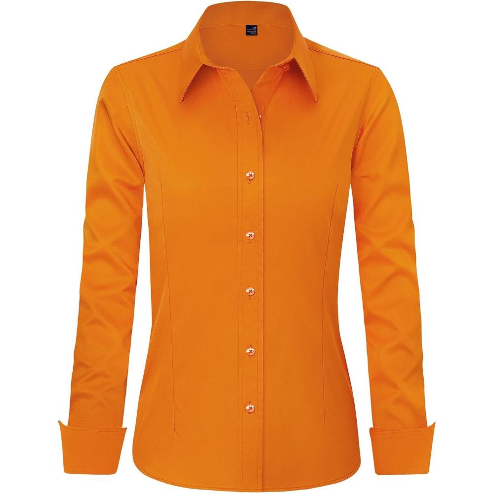 imageJVER Womens Dress Shirts Long Sleeve Button Down Shirt WrinkleFree Business Casual Blouse Office Work TopsOrange
