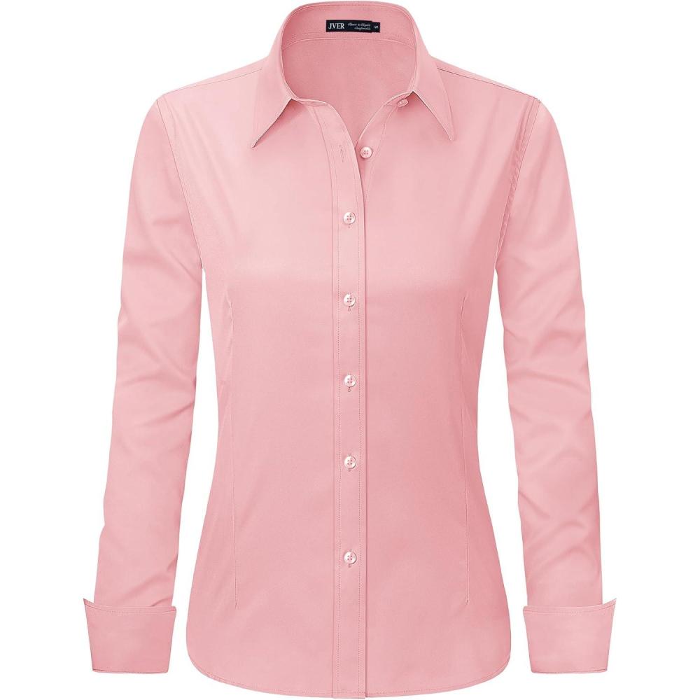 imageJVER Womens Dress Shirts Long Sleeve Button Down Shirt WrinkleFree Business Casual Blouse Office Work TopsPeach