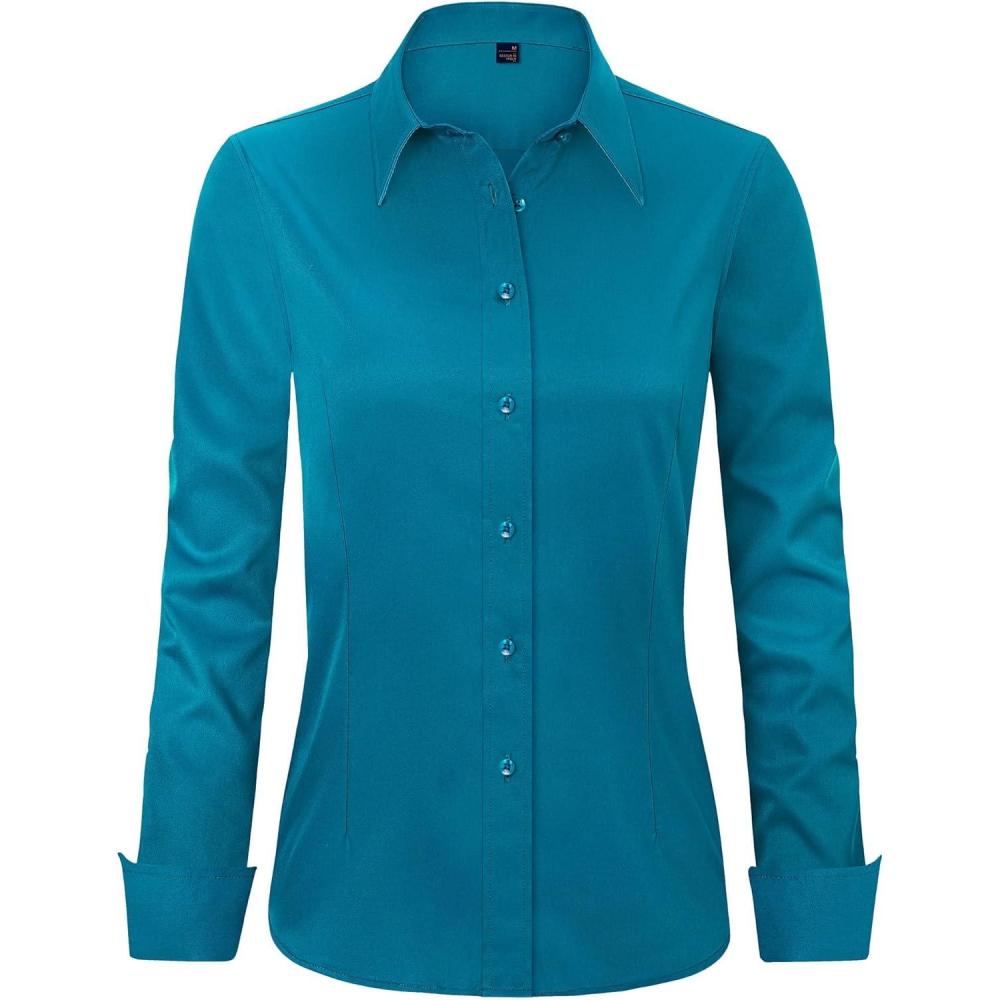 imageJVER Womens Dress Shirts Long Sleeve Button Down Shirt WrinkleFree Business Casual Blouse Office Work TopsPeacock Blue