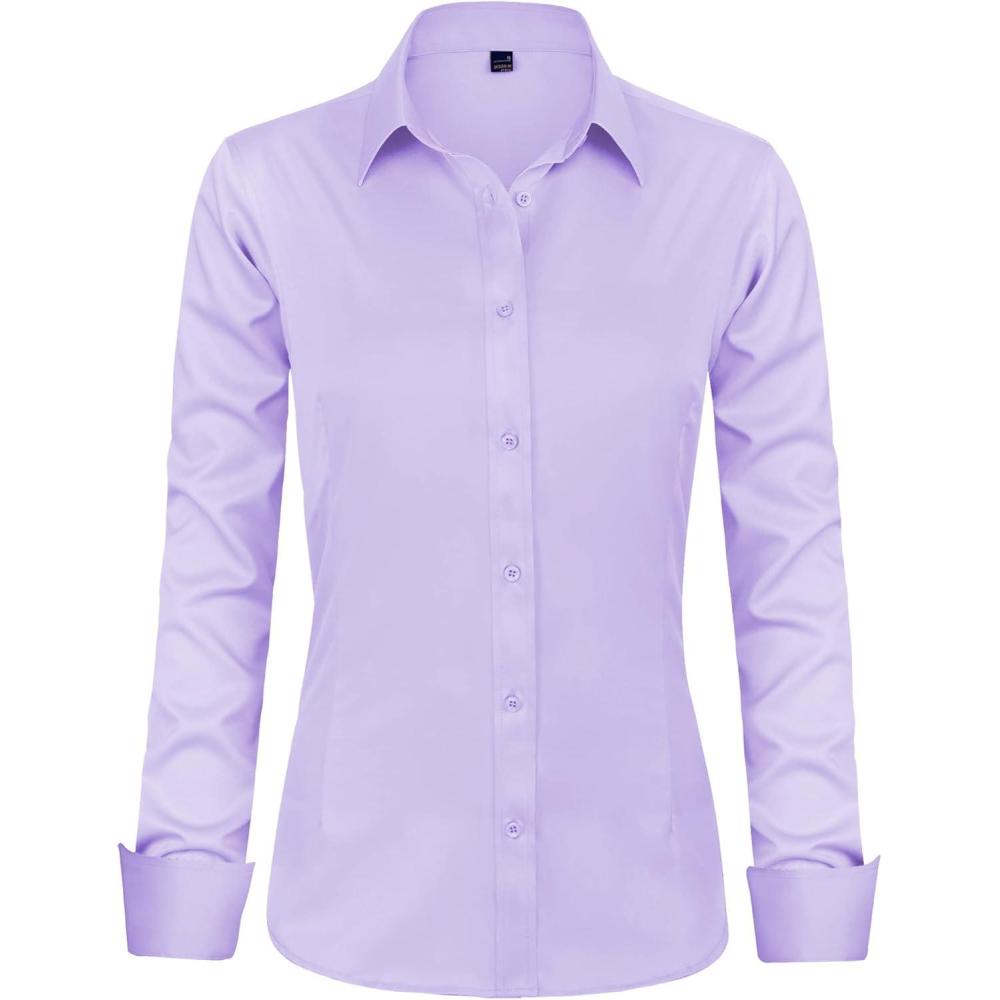 imageJVER Womens Dress Shirts Long Sleeve Button Down Shirt WrinkleFree Business Casual Blouse Office Work TopsPurple
