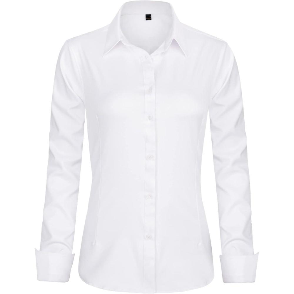imageJVER Womens Dress Shirts Long Sleeve Button Down Shirt WrinkleFree Business Casual Blouse Office Work TopsWhite