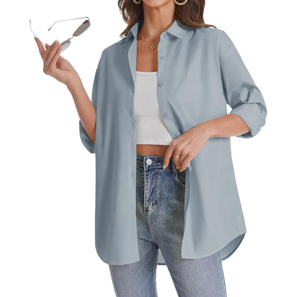 imageJVER Womens Oversized Button Down Shirts Casual Long Sleeve Lightweight Breathable Solid Cotton Blouse Office Dress ShirtAiry Blue