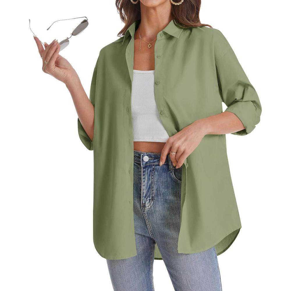 imageJVER Womens Oversized Button Down Shirts Casual Long Sleeve Lightweight Breathable Solid Cotton Blouse Office Dress ShirtAvocado Green