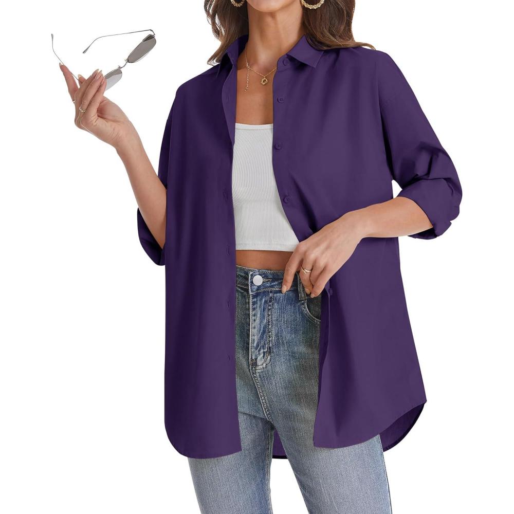 imageJVER Womens Oversized Button Down Shirts Casual Long Sleeve Lightweight Breathable Solid Cotton Blouse Office Dress ShirtDark Purple
