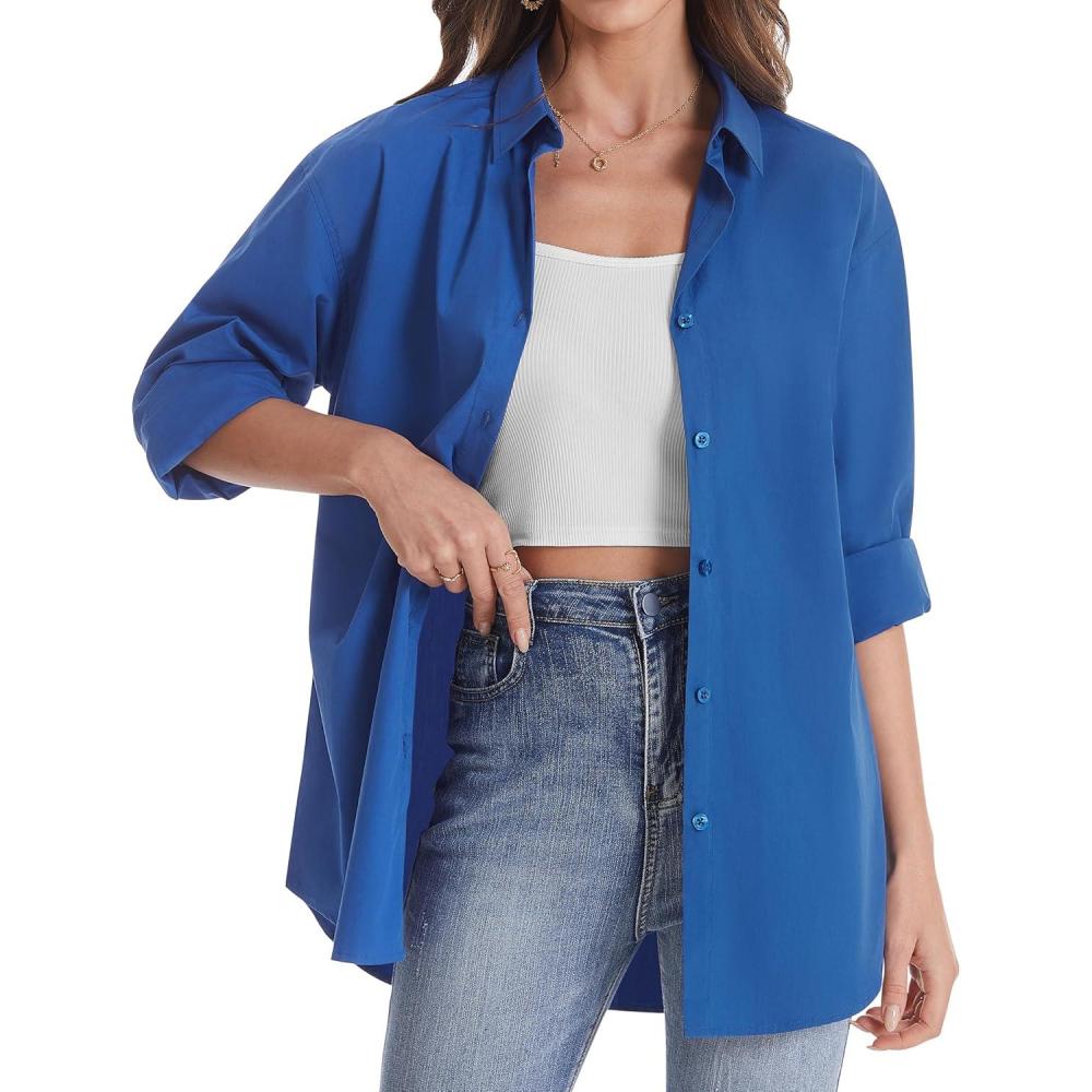 imageJVER Womens Oversized Button Down Shirts Casual Long Sleeve Lightweight Breathable Solid Cotton Blouse Office Dress ShirtIndigo Blue