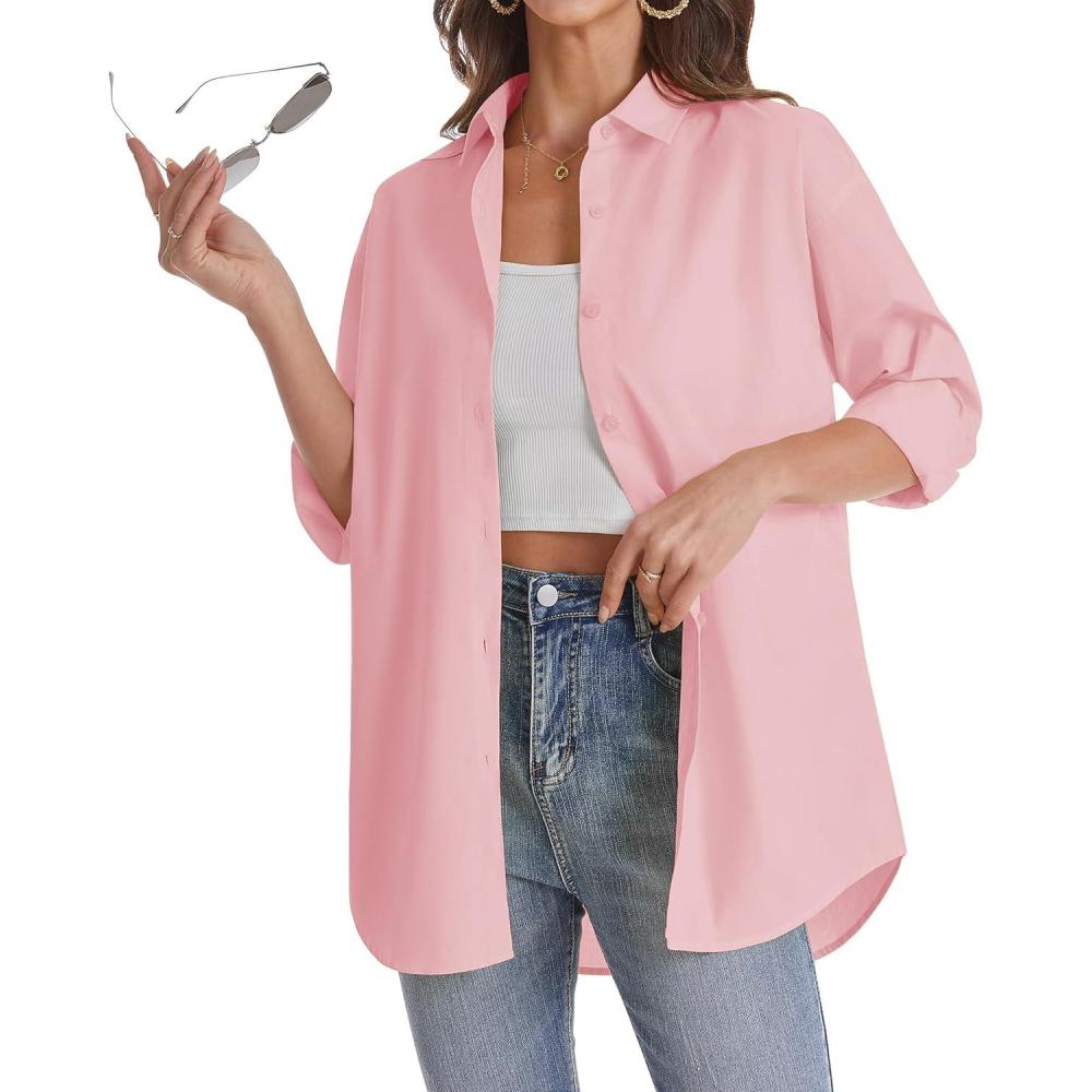 imageJVER Womens Oversized Button Down Shirts Casual Long Sleeve Lightweight Breathable Solid Cotton Blouse Office Dress ShirtLight Pink