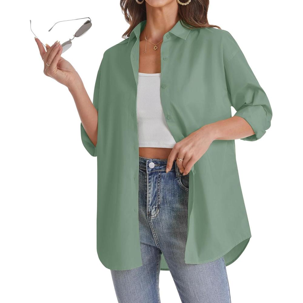 imageJVER Womens Oversized Button Down Shirts Casual Long Sleeve Lightweight Breathable Solid Cotton Blouse Office Dress ShirtSage Green
