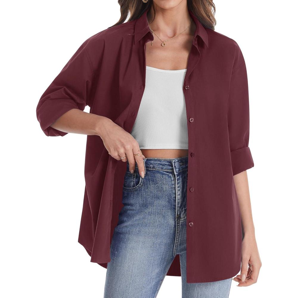 imageJVER Womens Oversized Button Down Shirts Casual Long Sleeve Lightweight Breathable Solid Cotton Blouse Office Dress ShirtWine Red