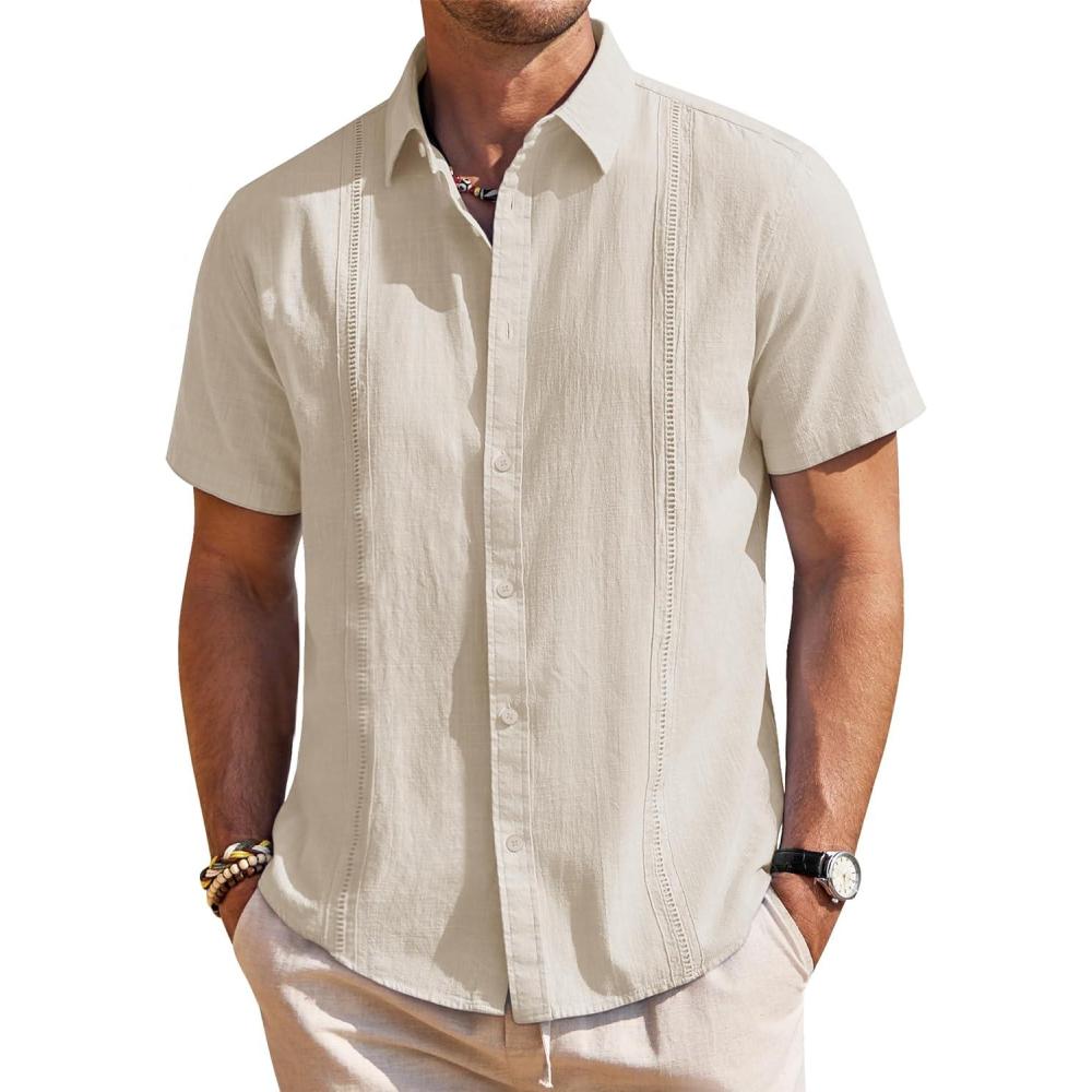 imageMens Linen Shirts Short Sleeve Button Down Shirt Casual Cuban Guayabera Lightweight Summer Beach Solid TopsBeige