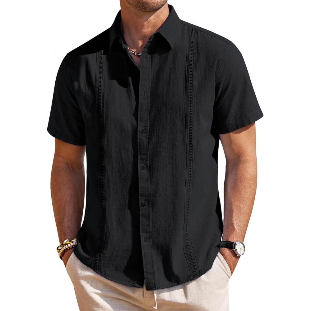 imageMens Linen Shirts Short Sleeve Button Down Shirt Casual Cuban Guayabera Lightweight Summer Beach Solid TopsBlack