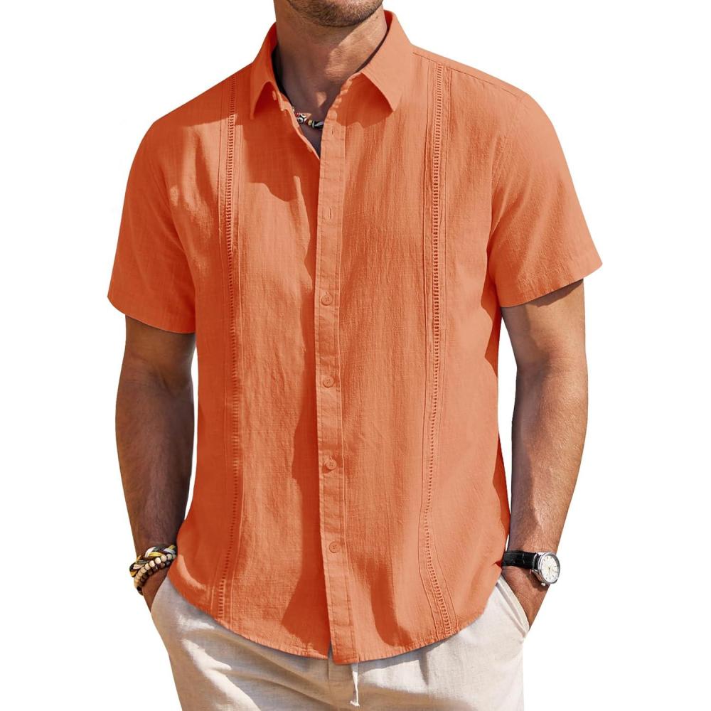 imageMens Linen Shirts Short Sleeve Button Down Shirt Casual Cuban Guayabera Lightweight Summer Beach Solid TopsBright Orange