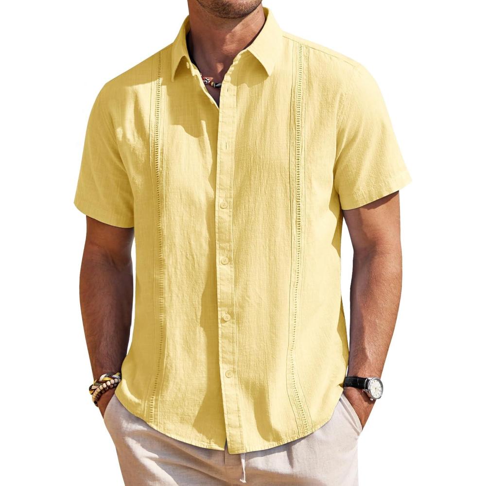imageMens Linen Shirts Short Sleeve Button Down Shirt Casual Cuban Guayabera Lightweight Summer Beach Solid TopsBright Yellow