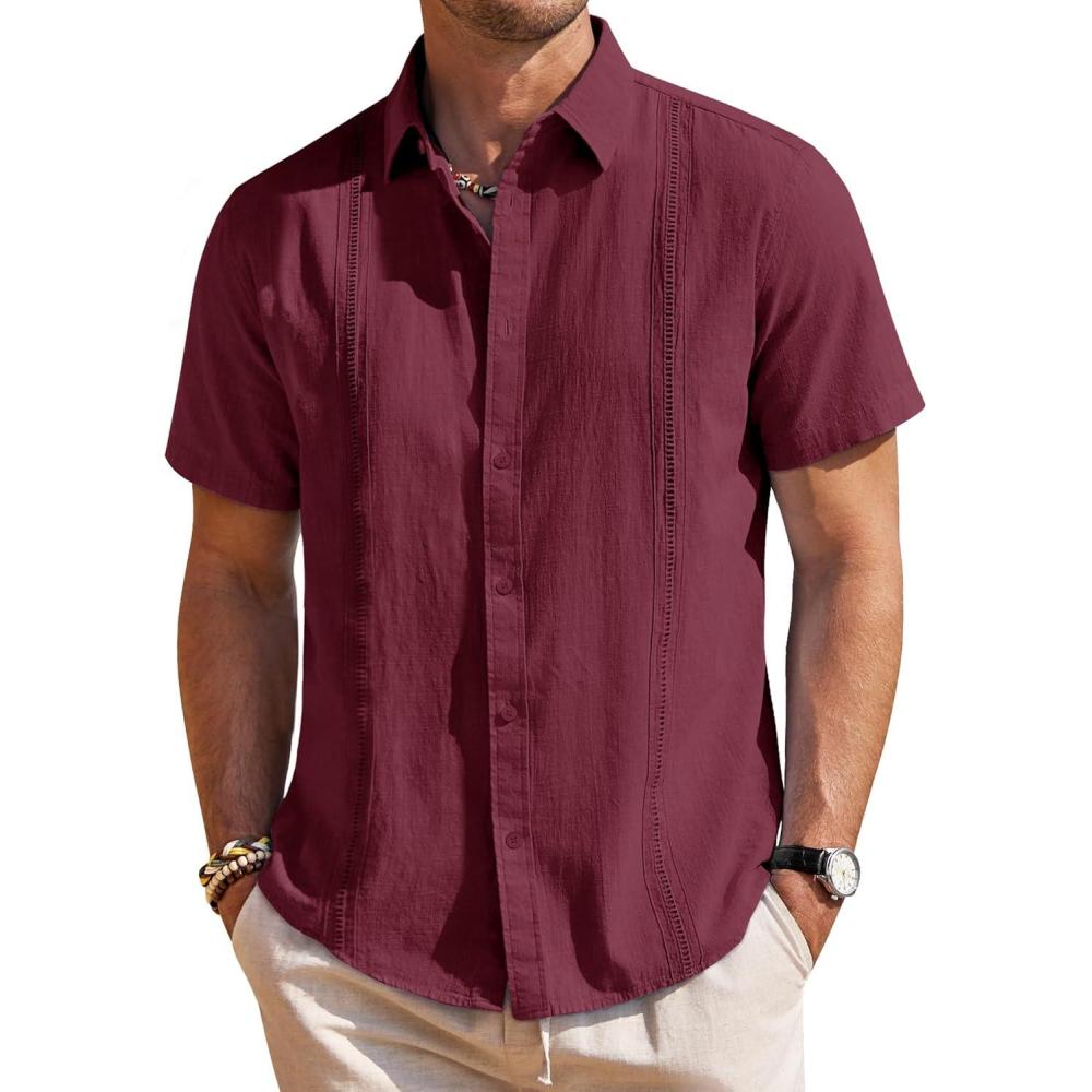 imageMens Linen Shirts Short Sleeve Button Down Shirt Casual Cuban Guayabera Lightweight Summer Beach Solid TopsBurgundy
