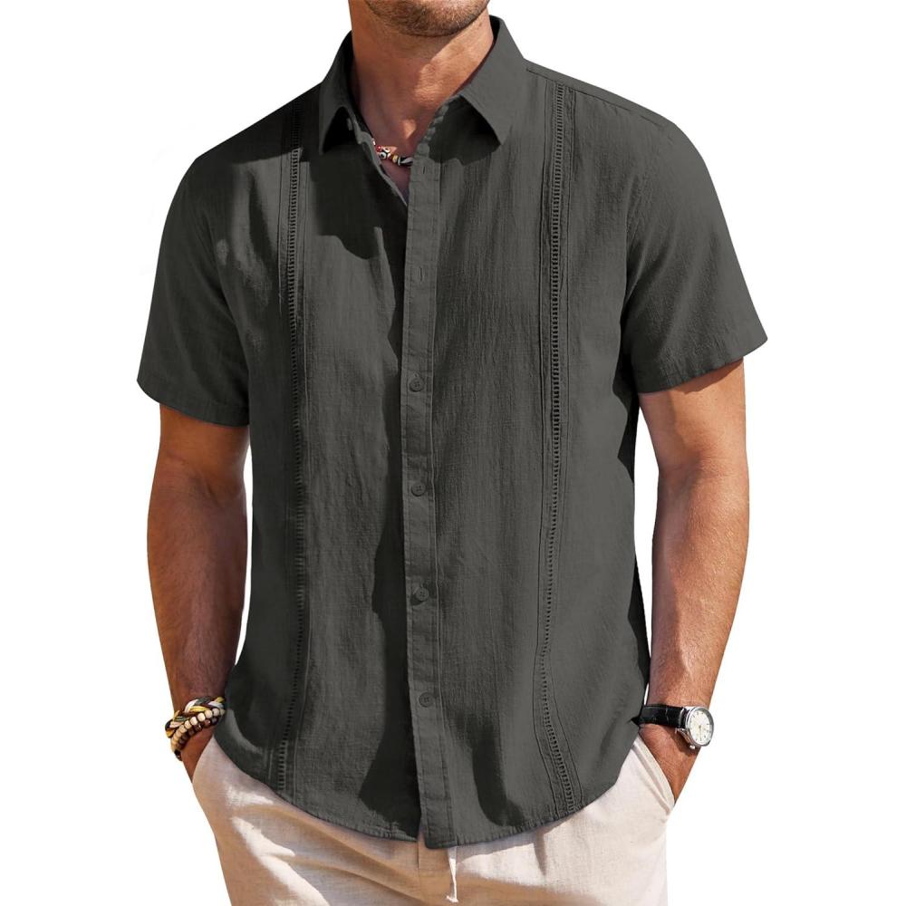 imageMens Linen Shirts Short Sleeve Button Down Shirt Casual Cuban Guayabera Lightweight Summer Beach Solid TopsCharcoal