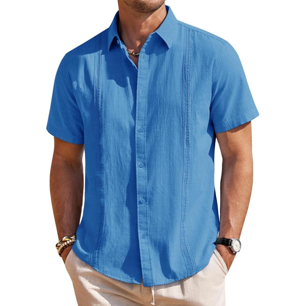 imageMens Linen Shirts Short Sleeve Button Down Shirt Casual Cuban Guayabera Lightweight Summer Beach Solid TopsCobalt Blue