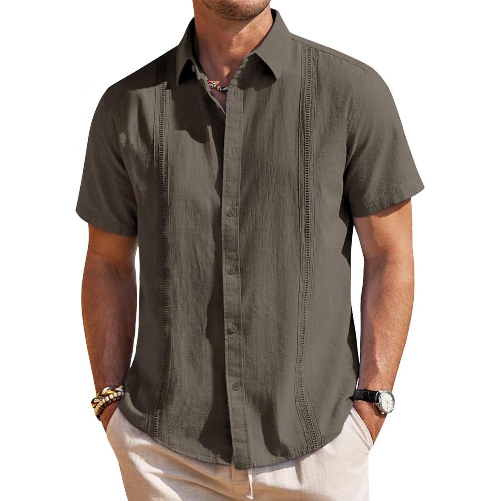 imageMens Linen Shirts Short Sleeve Button Down Shirt Casual Cuban Guayabera Lightweight Summer Beach Solid TopsCoffee