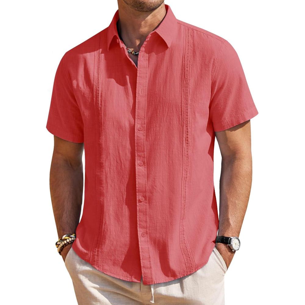 imageMens Linen Shirts Short Sleeve Button Down Shirt Casual Cuban Guayabera Lightweight Summer Beach Solid TopsCoral