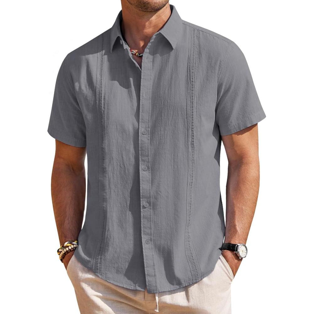 imageMens Linen Shirts Short Sleeve Button Down Shirt Casual Cuban Guayabera Lightweight Summer Beach Solid TopsDark Grey