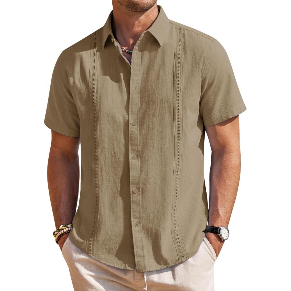 imageMens Linen Shirts Short Sleeve Button Down Shirt Casual Cuban Guayabera Lightweight Summer Beach Solid TopsDark Khaki