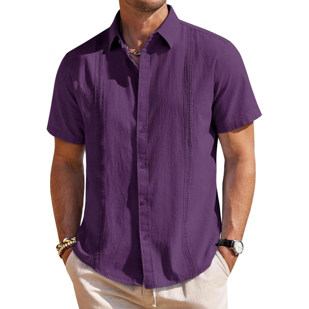imageMens Linen Shirts Short Sleeve Button Down Shirt Casual Cuban Guayabera Lightweight Summer Beach Solid TopsDark Purple