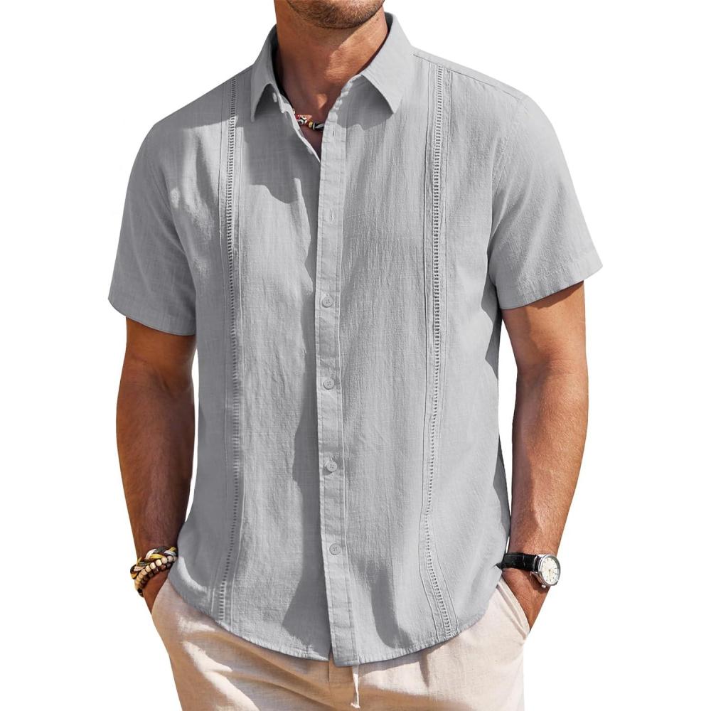 imageMens Linen Shirts Short Sleeve Button Down Shirt Casual Cuban Guayabera Lightweight Summer Beach Solid TopsGrey